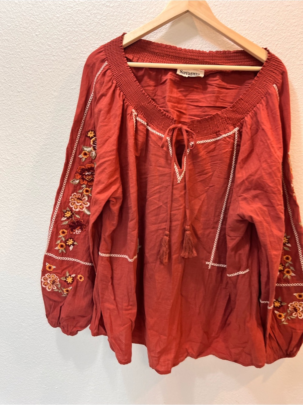 Savanna Jane Rust Red Embroidered Peasant Blouse